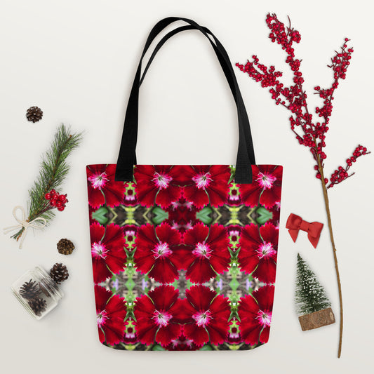 Tote bag with "floral lace crimson" dianthus flowers